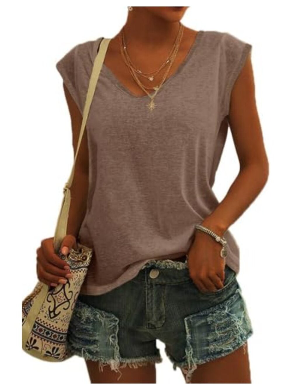 Women's V-Neck Cap Sleeve Tank Top Flowy Tunic Summer Tee